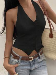 SHEIN EZwear Lightweight Woven Halter Blazer For Women In Black With Asymmetrical Short Design Black Button Vest In Fall/Winter