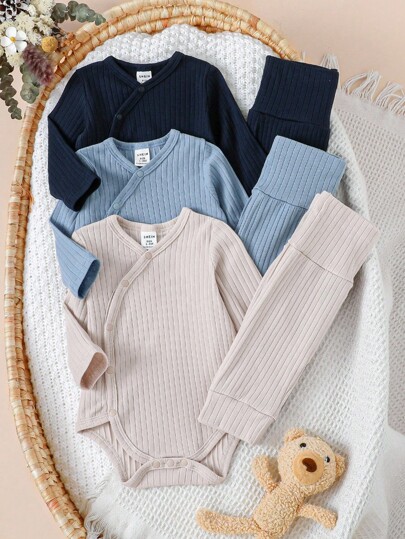 SHEIN 6-Piece Casual Baby Clothing Set, Soft Cotton Blend Bodysuit With Long Sleeve & Pants, Suitable For Newborn Infants, Spring/Summer Fall Winter
