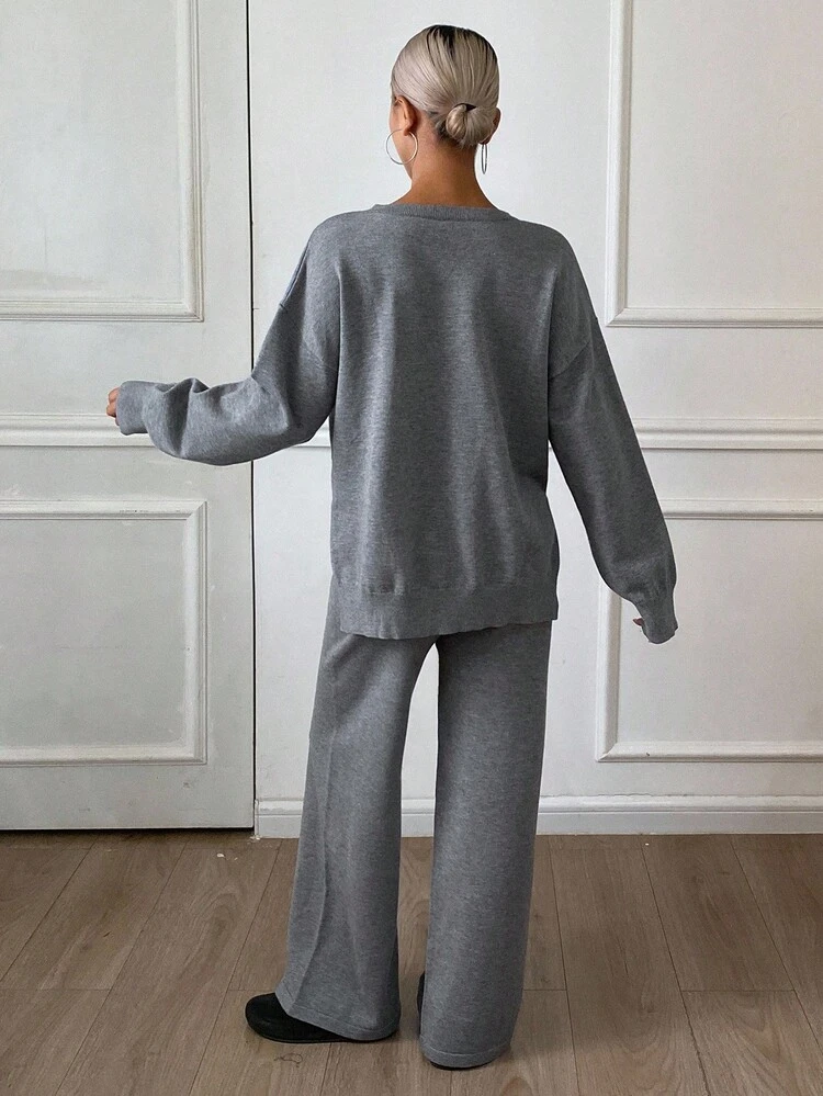 Women's Loose Solid Color Long Sleeve Sweater And Wide Leg Pants Casual Thick 2 Pieces Set, Autumn/Winter