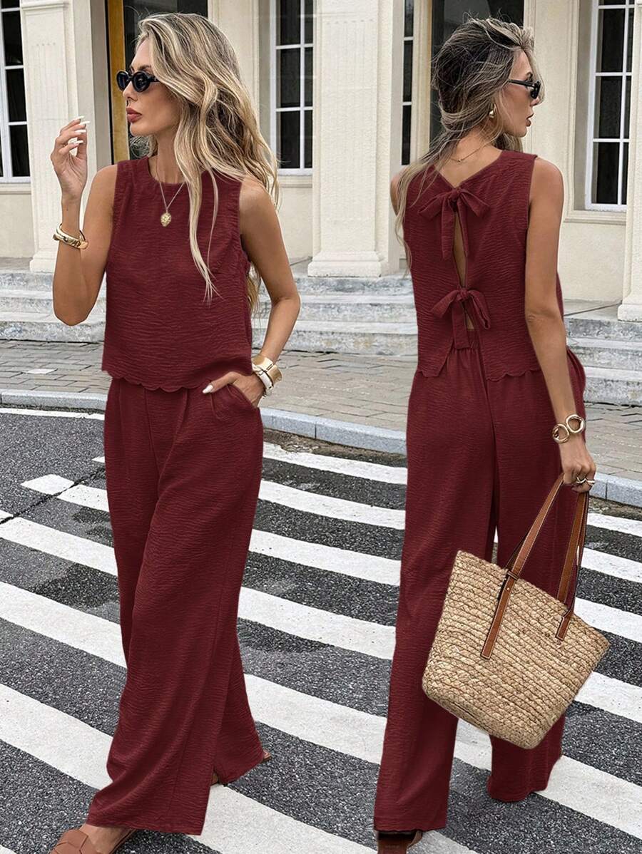 Serisse 2 件套女式纯色无袖背心和裤子套装，休闲时尚，适合日常穿着