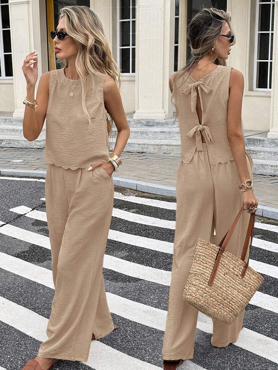 Serisse 2pcs Women Solid Color Round Neck Backless Sleeveless Top And Pants Set Brown Summer Casual