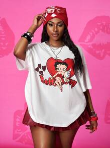 Slaydiva Betty Boop x SHEIN Kaos Ukuran Besar dengan Gambar Kartun, Leher Bulat Longgar, Bahu Jatuh, Lengan Pendek - Putih - View 9