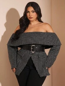 SHEIN BAE Sacou texturat alb-negru pentru femei, mărime mare, cu mânecă lungă, cu umeri goi - Negru - Vizualizare 4