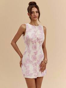 SHEIN BAE Autumn/Winter Solid White And Pink 3D Floral Textured Mini Dress,Fitted Silhouette,Summer Elegant Date Parties Clubs Bridesmaid Dresses - Baby Pink - View 4
