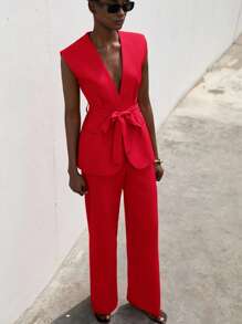 Aveloria Modichic Women Solid Color Sleeveless Vest & Trousers Suit, Fashionable For Summer - Red - View 3