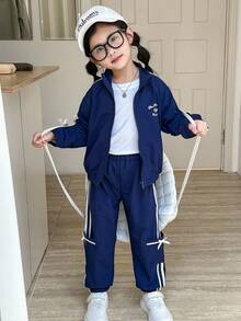 两件套：少女休闲蝴蝶结条纹长袖外套 + 韩版条纹蝴蝶结口袋休闲裤（秋冬款） - 藍白色 - 查看 1