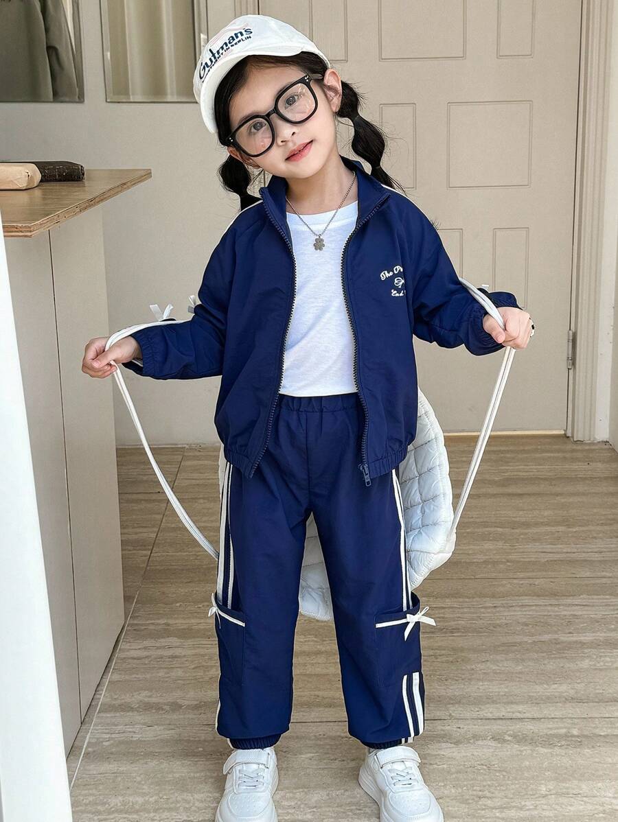 两件套：少女休闲蝴蝶结条纹长袖外套 + 韩版条纹蝴蝶结口袋休闲裤（秋冬款） - 藍白色 - 查看 1