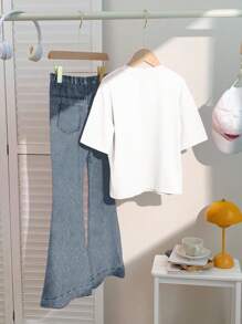 SHEIN Leap Crew 青少年女孩休闲简约短袖上衣和裤子 2 件套，夏季