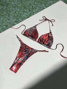 SHEIN Swim 女士性感随机三角领带比基尼套装带斑马图案夏季