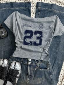 Attitoon 返校季，23 款复古图案露肩 T 恤，复古风，秋季女装，度假风，可爱夏季上衣，女士休闲褶皱露肩修身短袖 T 恤，适合夏季 - 淺灰色 - 查看 1