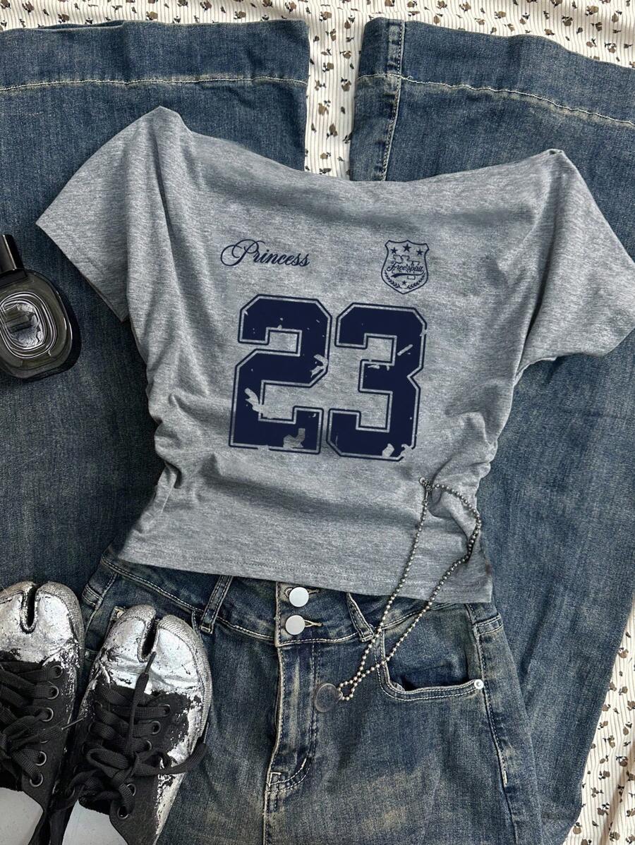 Attitoon 返校季，23 款复古图案露肩 T 恤，复古风，秋季女装，度假风，可爱夏季上衣，女士休闲褶皱露肩修身短袖 T 恤，适合夏季 - 淺灰色 - 查看 1