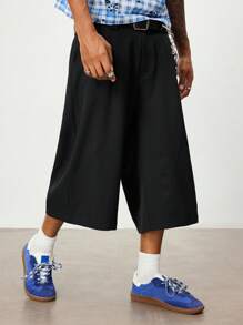 ROMWE MEN Casual & Commute Fashion Minimalist Solid Color Wide Leg Men's Suit Shorts - Black - View 5