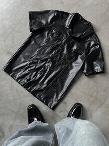 Manfinity LEGND 男士休闲 PU 皮革黑色衬衫，街头通勤。 - 黑色 - 查看 5