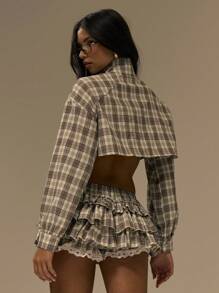 SHEIN X Scot Louie MUSERA 高领短款格纹外套，可爱街头风，适合节日、农舍、乡村、格子、复古风格，短款格纹高领外套，冬季可爱，春季夏季度假必备。 - 彩色 - 查看 4