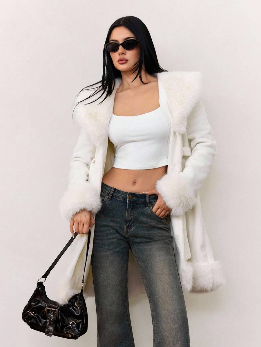 SHEIN Tall 秋冬女士时尚人造毛皮拼布夹克 - 米色 - 查看 1