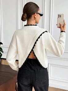 Serisse Áo len nữ tay dài cổ đứng không lưng viền tương phản, kiểu dáng thanh lịch, thích hợp cho mùa thu, sang trọng, công sở, đi chơi, giáo viên, đi học, mùa đông. - Màu be - Xem 4