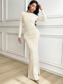 Veilorie 女式优雅简约纹理褶饰鱼尾下摆连衣裙 - 杏色 - 查看 5