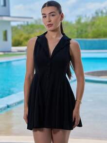 Andrea Bello Women's Summer Casual V-Neck Ruched Waist Sleeveless Black Mini Dress - Black - View 1