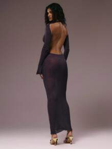 MUSERA Sheer Slash Neck Extreme Open Back Sequin Knit Fitted Long Sleeve Maxi Fall Winter Autumn Summer Vacation Holiday Night Out Date Night Wedding Guest Birthday Club Sexy Brunch Going Out Cruise Party Elegant Ibiza Occasion Girly Cute - Purple - View 3