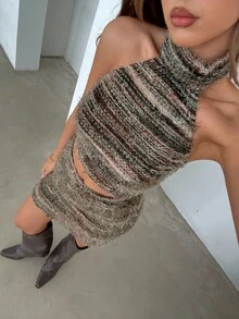 Aloruh Women's Striped Cropped Halter Top And Bodycon Mini Skirt Sexy 2 Pieces Set - Multicolor - View 5