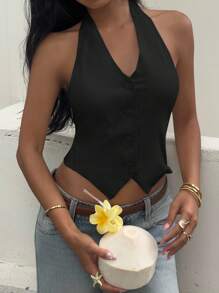 SHEIN EZwear Lightweight Woven Halter Blazer For Women In Black With Asymmetrical Short Design Black Button Vest In Fall/Winter