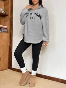 SHEIN EZwear 女式新款字母图案立领双面绒卫衣和紧身绒打底裤套装，秋冬 - 灰色 - 查看 6