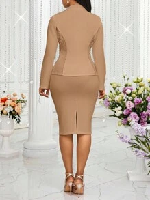 SHEIN Lady 2025秋冬新款女士优雅通勤纯色蕾丝拼接西装外套和半身裙套装商务休闲女装 - 卡其色 - 查看 2