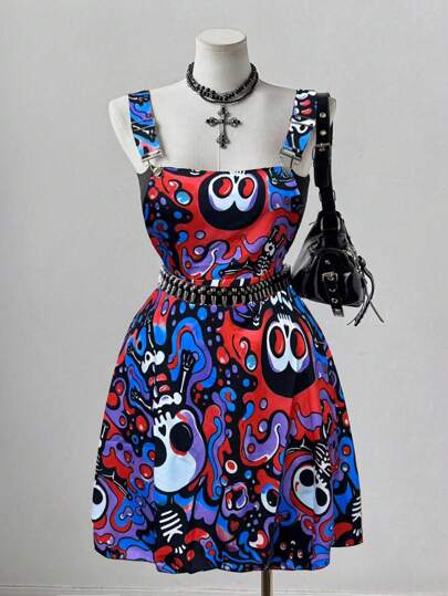 Sweetra Plus Size Colorful Skull Crossover Dress