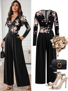 Gownix Women's Elegant Black Floral Jumpsuit,V-Neck Long Sleeve Wide Leg Pants,Spring And Summer Dining Wear,Commuting Autumn/Winter Teacher Outfits - Multicolor - View 1