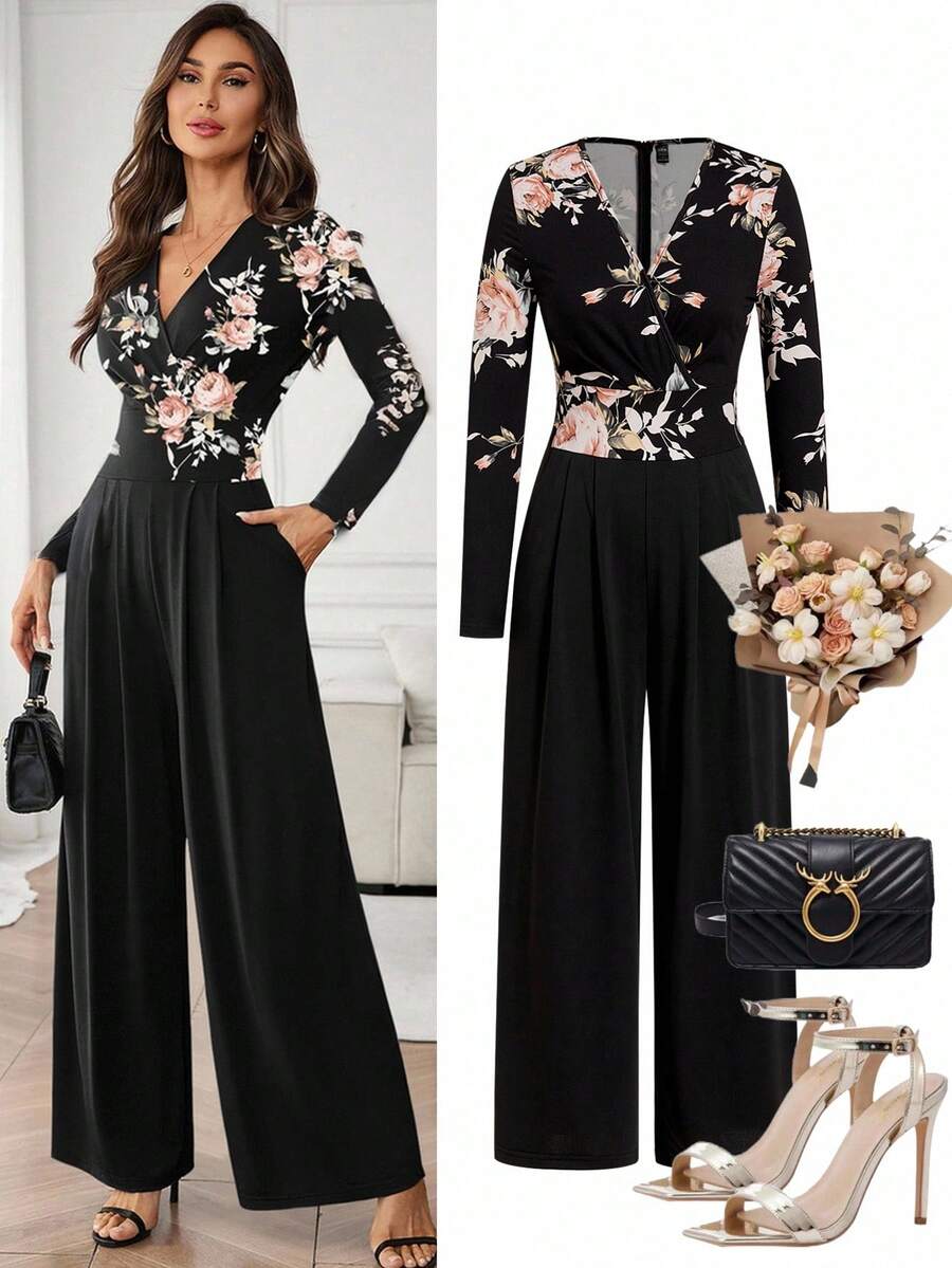 Gownix Women's Elegant Black Floral Jumpsuit,V-Neck Long Sleeve Wide Leg Pants,Spring And Summer Dining Wear,Commuting Autumn/Winter Teacher Outfits - Multicolor - View 1