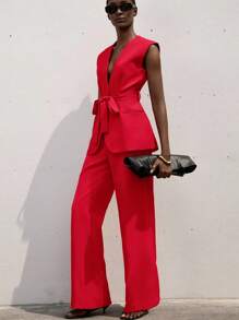 Aveloria Modichic Women Solid Color Sleeveless Vest & Trousers Suit, Fashionable For Summer - Red - View 6