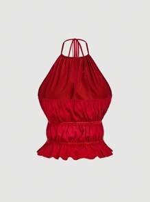 SHEIN MOD Rotes Trägertop mit Rüschensaum und mehrlagigem Rüschenmaxi-Rock, Damen Großen Größen Set