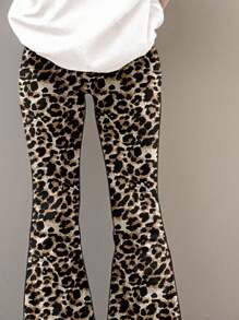 SHEIN 2pcs/Set Tween Girl Casual Leopard Print Bow Design Loose Short Sleeve T-Shirt And Flare Pants Set, Summer