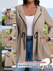 EMERY ROSE Giacca con cappuccio con coulisse in vita e chiusura lampo, tinta unita, casual, per donna taglie forti, adatta per primavera/autunno, leggera, giacca con chiusura lampo per donna, giacca casual per donna taglie forti, adatta per inverno, ufficio, ritorno a scuola, insegnanti, anorak con chiusura lampo per donna