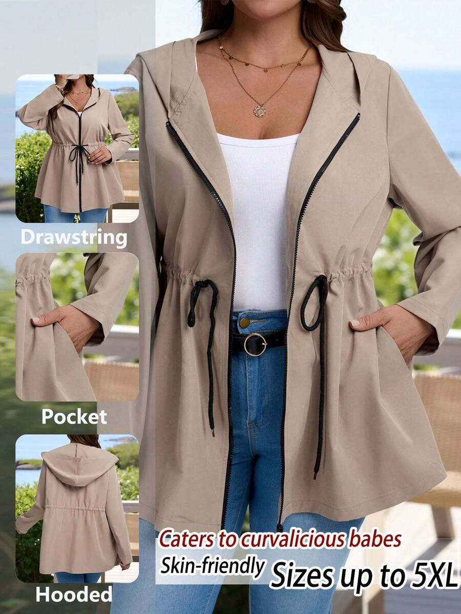 EMERY ROSE Giacca con cappuccio con coulisse in vita e chiusura lampo, tinta unita, casual, per donna taglie forti, adatta per primavera/autunno, leggera, giacca con chiusura lampo per donna, giacca casual per donna taglie forti, adatta per inverno, ufficio, ritorno a scuola, insegnanti, anorak con chiusura lampo per donna