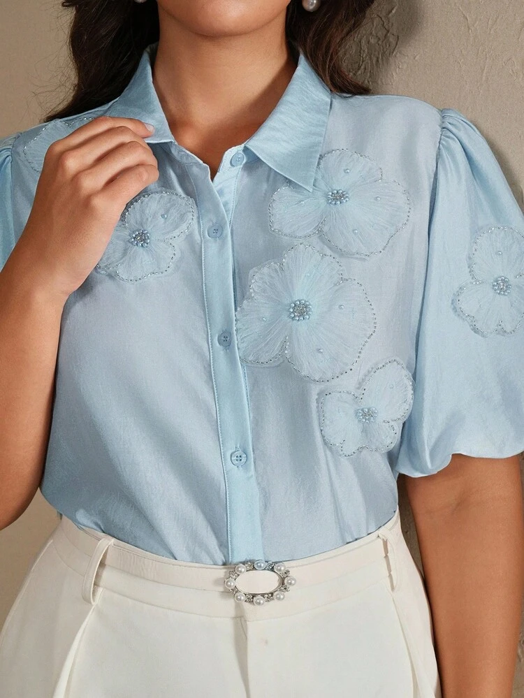 Plus Size Women 3D Floral Asymmetrical Blue Semi-Sheer Lantern Sleeve Blouse