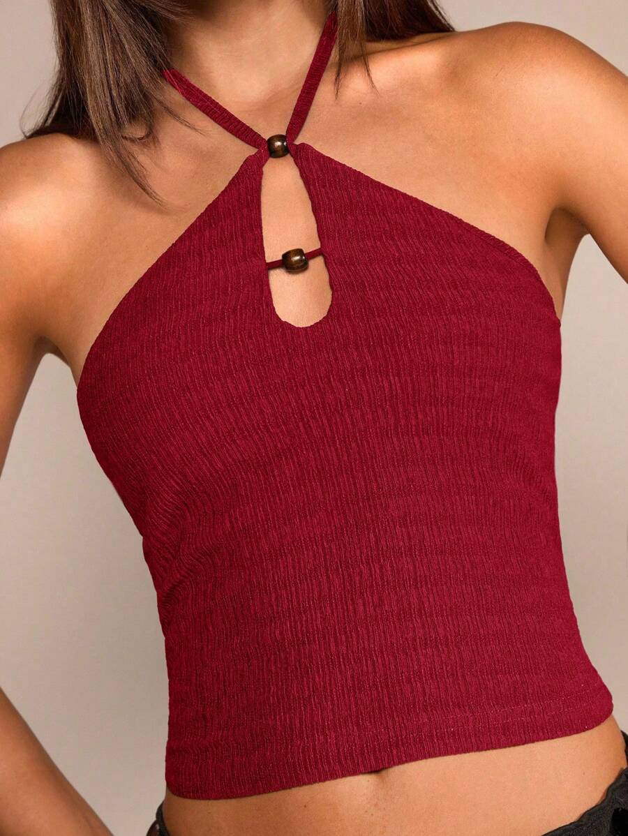 Glamine 棕色无袖针织吊带背心，带有木珠纹理，性感优雅的女士背心 - 酒紅色 - 查看 1