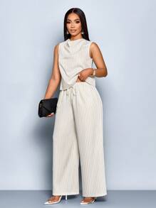 SOLERSUN Women's Casual Striped Collar Top And Pants Two Pieces Set, Simple Commuter Style, (Random Floral Pattern)Two-Piece Set - Apricot - View 6