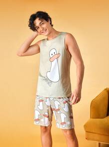 Notgurli Męski komplet piżamowy z nadrukiem kreskówkowym: top i szorty - Wielbłąd - Zobacz 3