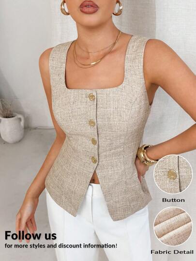 Lavishia Aprikosfärgad linneliknande ärmlös åtsittande blus, lämplig för daglig pendling och arbete, sommarkläder för affärskvinnor, affärslediga kvinnor, sommarkläder för kvinnor, affärslediga kvinnor, arbetskläder för kvinnor, lärarkläder för kvinnor, arbetskläder för kvinnor, lärarkläder för kvinnor, kontorskläder för kvinnor, arbetskläder för kvinnor, affärslediga kvinnor, elegant topp, ärmlös topp med knappar