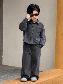 SHEIN 2件套小男孩灰色牛仔翻领长袖衬衫和宽松长裤套装