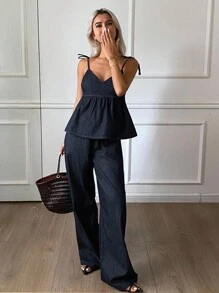 Livesso V领吊带背心和阔腿裤套装，优雅 - 深色水洗藍 - 查看 4