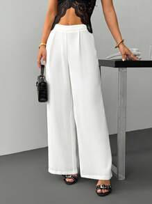 SHEIN PETITE 新款秋冬优雅休闲通勤百搭轻奢老款风高腰百褶阔腿裤白色阔腿裤白色正装裤女阔腿裤女阔腿裤女白色正装裤白色阔腿裤