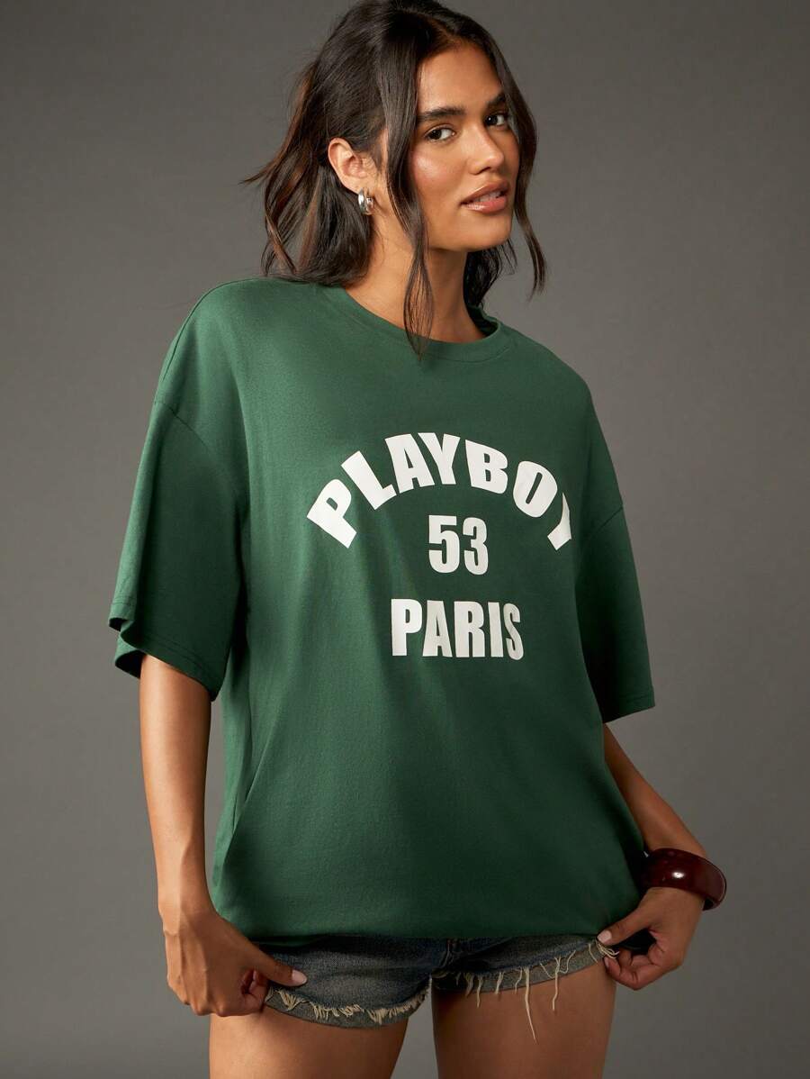 Missguided x Playboy Oversized College Athletic T-Shirt Short Sleeve Graphic Design Casual Summer Retro Streetwear Vintage Paris Logo Festival Urban Style Tee - Green - View 1