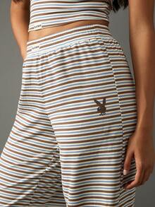 Missguided x Playboy Gestreifte Weit geschnittene Hose, gerippte Strick Palazzo Hose im Retro-Stil mit hoher Taille, lässige Schlaghose für Herbst und Winter mit Tunnelzug Bund - Verschiedenfarbig - Übersicht 4