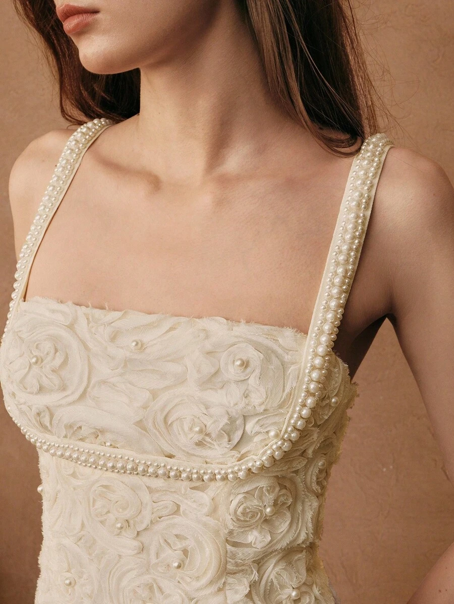 Anewsta Savoree 女士春夏优雅派对婚礼宾客礼服，杏色，浪漫纹理面料，3D花朵和珍珠装饰，收腰吊带连衣裙 - 杏色 - 查看 1