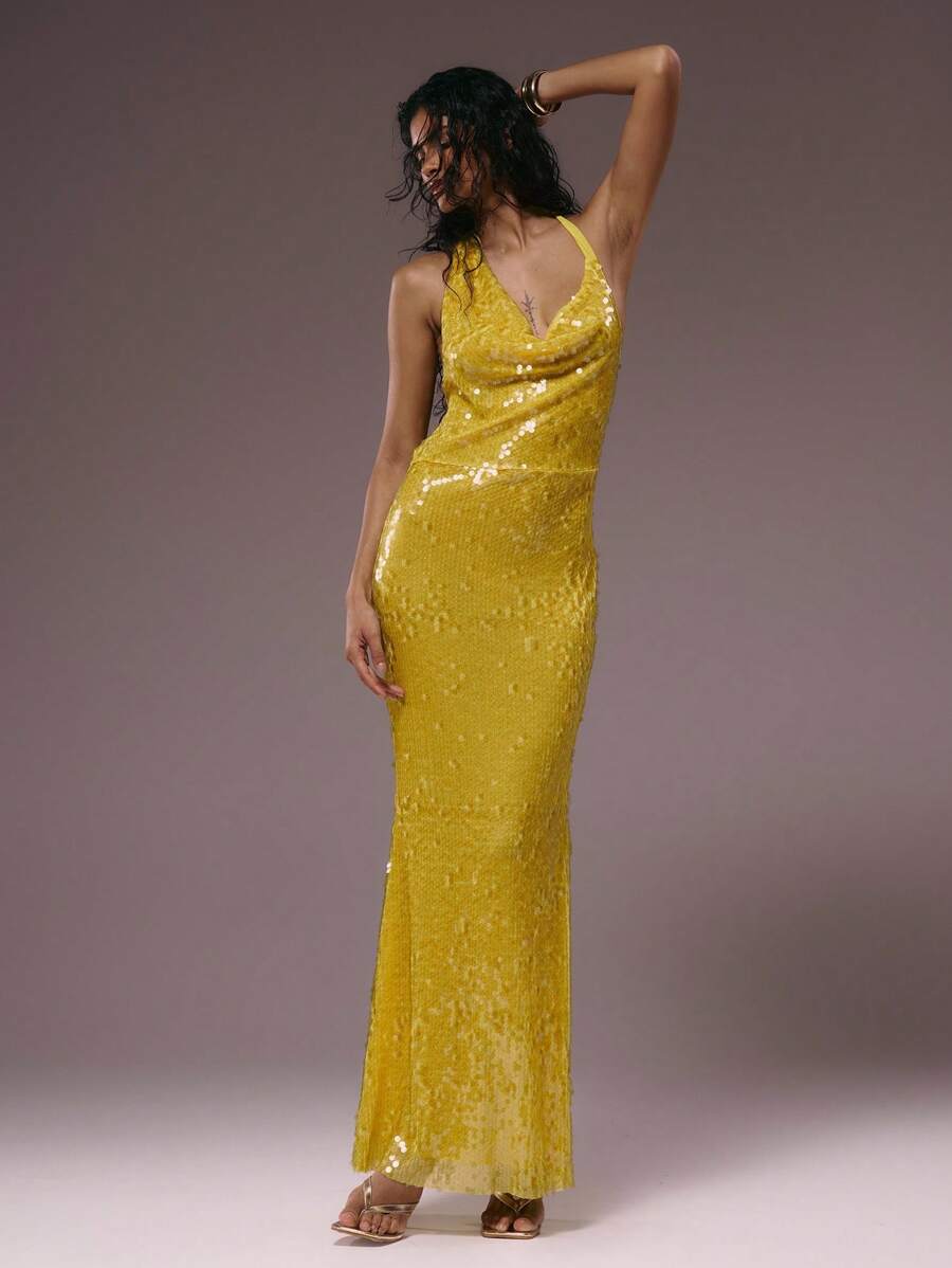 MUSERA Vestido largo asimétrico con cuello de cowl, espalda descubierta y lentejuelas, amarillo, para invierno, verano, vacaciones, salida nocturna, cita, boda, fiesta, elegante, Ibiza, ocasión, femenino, lindo, graduación