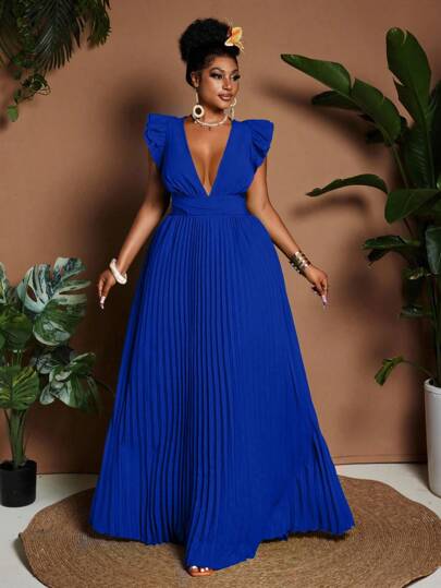 Maweii Vestido elegante con cuello en V, mangas cortas, espalda descubierta y pliegues, talla grande