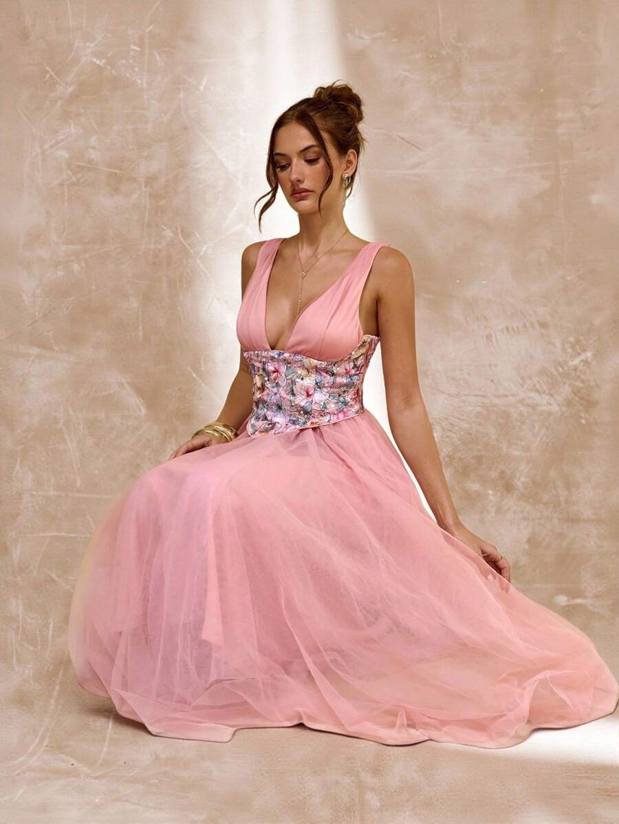 SHEIN BAE Spring & Summer Solid Pink Puff Skirt Floral Sequined Elegant Mid-Length Princess Dress, Perfect For Brunch, Bridesmaids Gown, Guest Attire, Graceful Dress