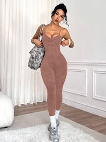 SHEIN Sports 1件女款磨砂水洗圓領扭繩肩帶連身褲 棕色瑜珈連身褲 棕色運動連身褲 無縫瑜珈連身褲 淺褐色運動連身褲 棕色運動套裝 棕色瑜珈套裝 淺褐色運動套裝 - 摩卡棕 - 查看 6